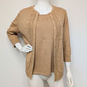 Caramel Tan Color Knit Sleeveless Top & Cardigan Set Crochet & Embroidery